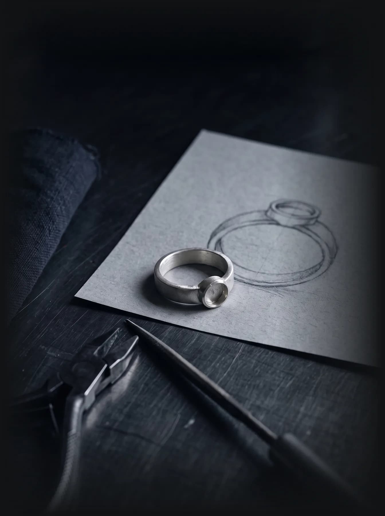 Illustration: an unfinished silver ring resting on a pencil sketch on a jeweller's bench